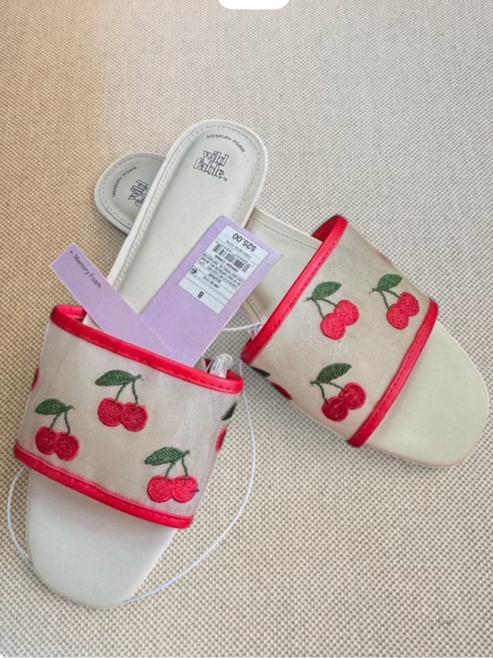 Beige Slides with Red Cherry Embroidery